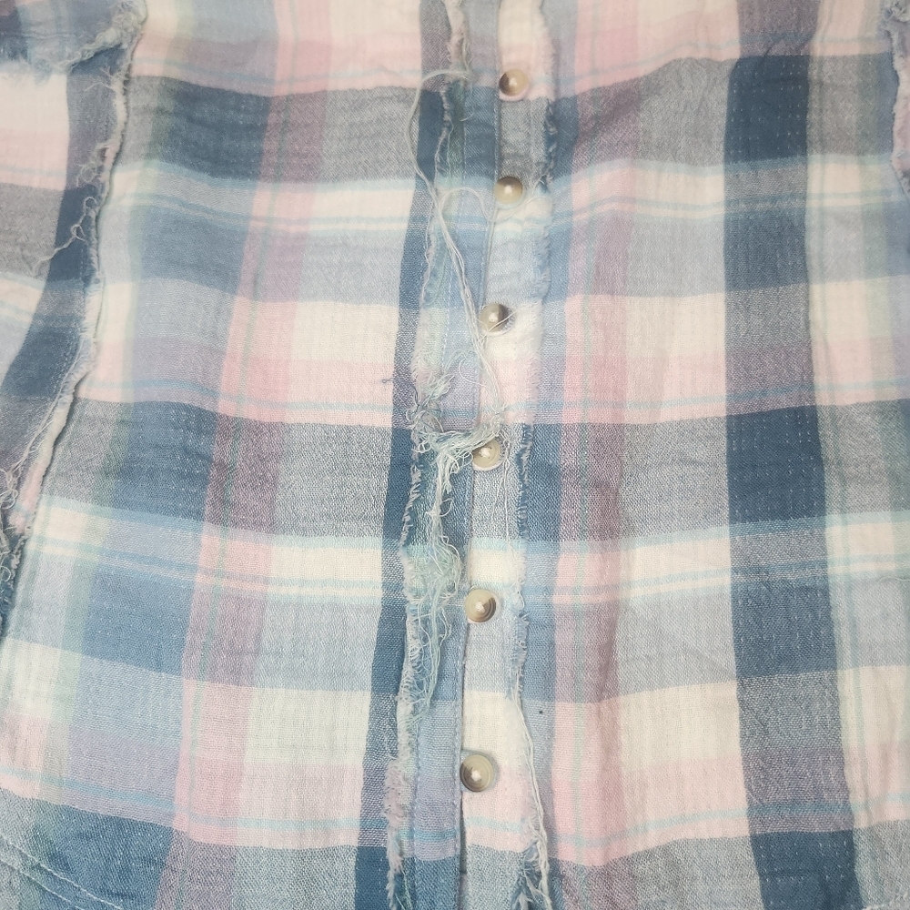 Lucky Brand Patchwork Plaid Distressed Sleeveless Flannel Shirt Size XL 79 MSRP - Picture 3 of 9